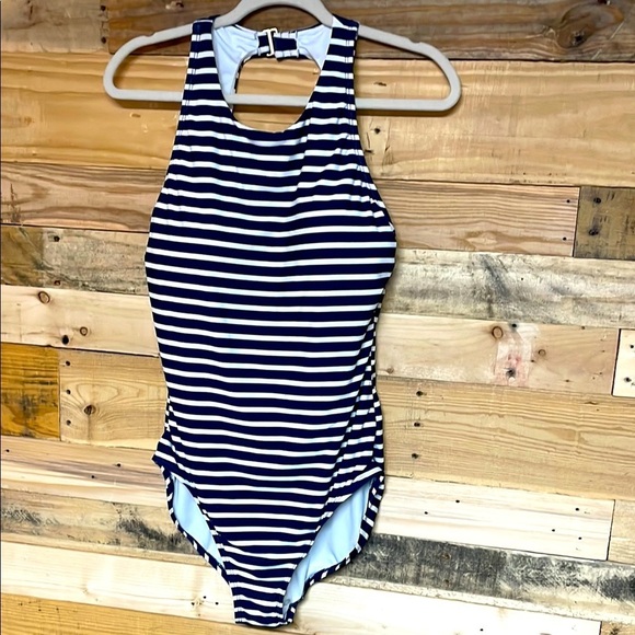 Lands’ End size large one piece navy and white striped razor back swimsuit - Picture 1 of 7